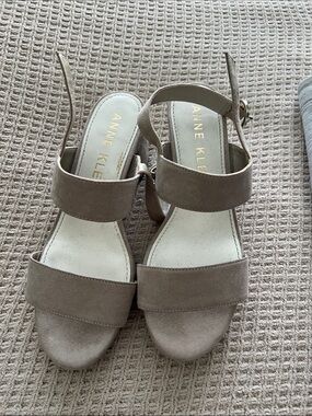 Anne Klein Taupe Suede Block Heel Sandals with Ankle Strap